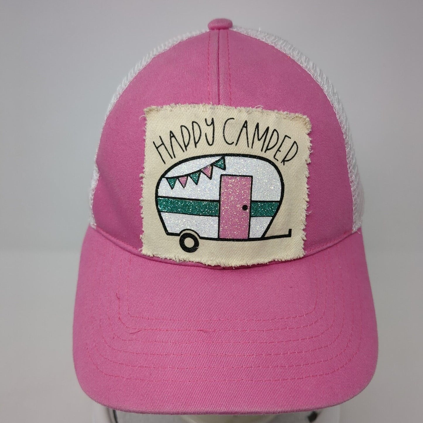Happy Camper Snapback Trucker Hat Pink One Size Adjustable Mesh Back WB
