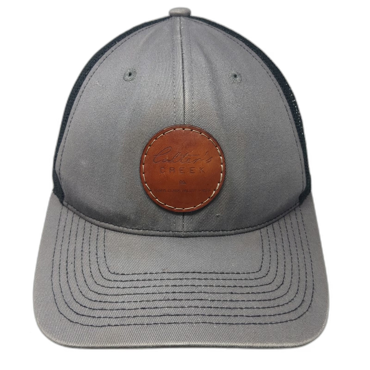 Outdoor Cap Trucker Hat Gray Black One Size Leather Patch Mesh Back Snapback