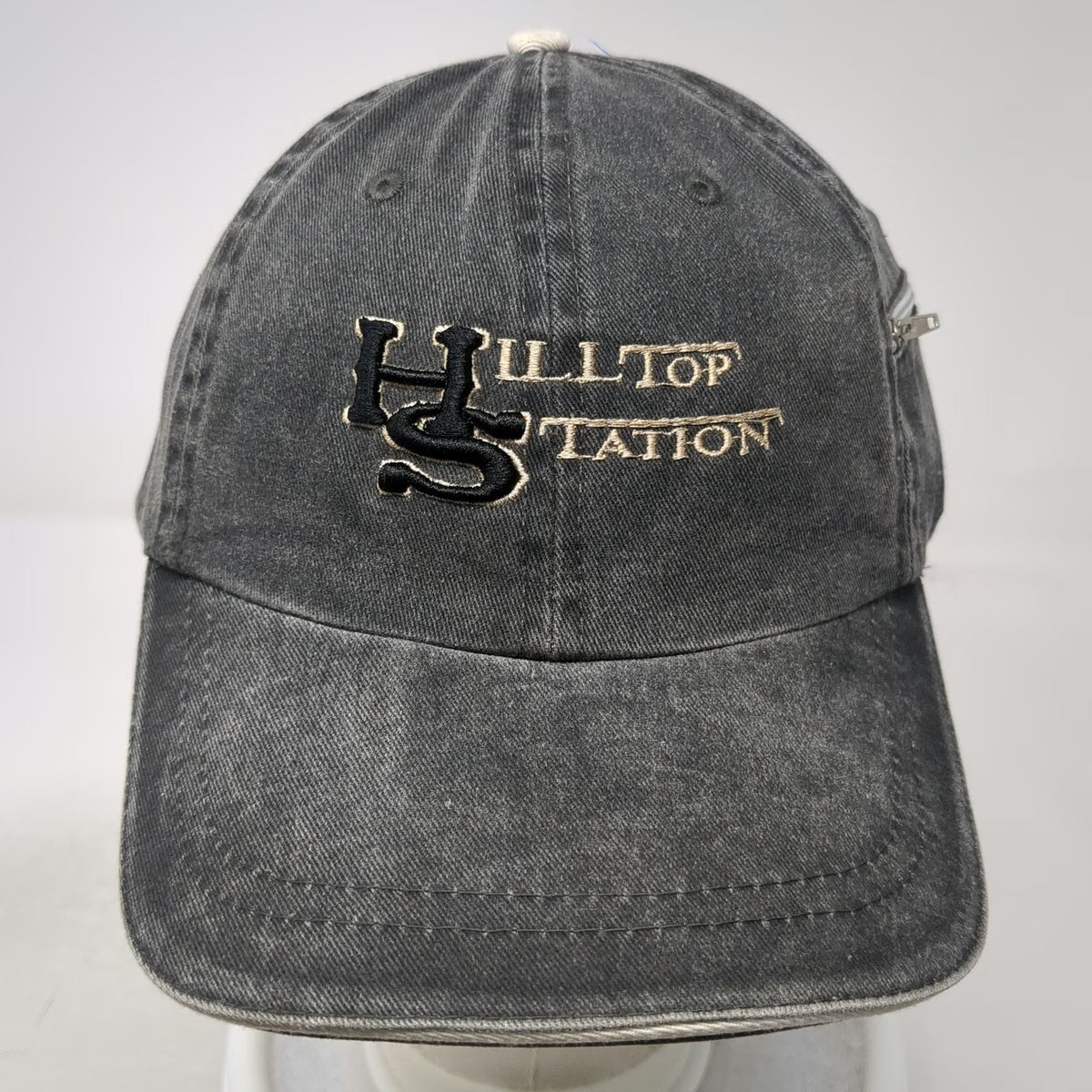 Decky Baseball Cap Gray One Size Side Zipper Pocket Hilltop Station Hat Strap