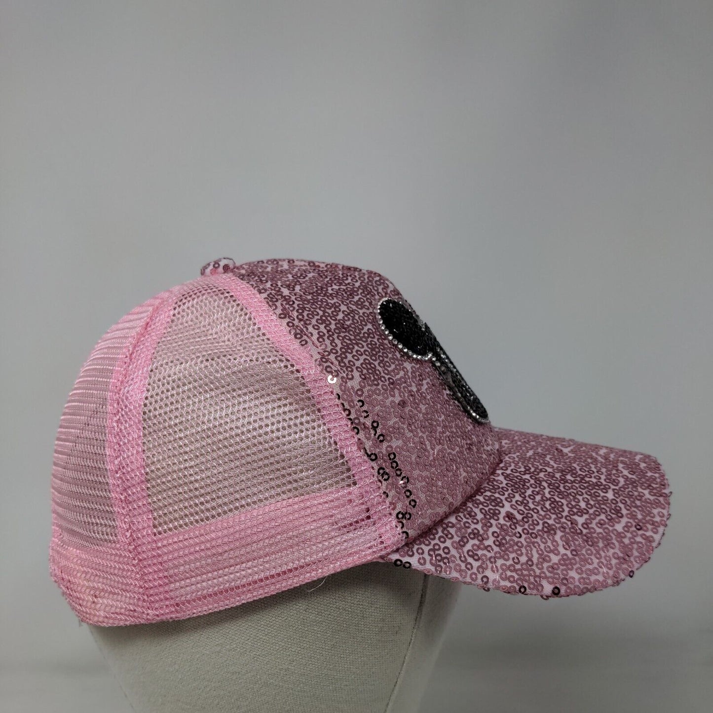 Mickey Mouse Snapback Trucker Hat Pink OS Adjustable Sequins Bling Mesh Back