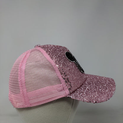 Mickey Mouse Snapback Trucker Hat Pink OS Adjustable Sequins Bling Mesh Back