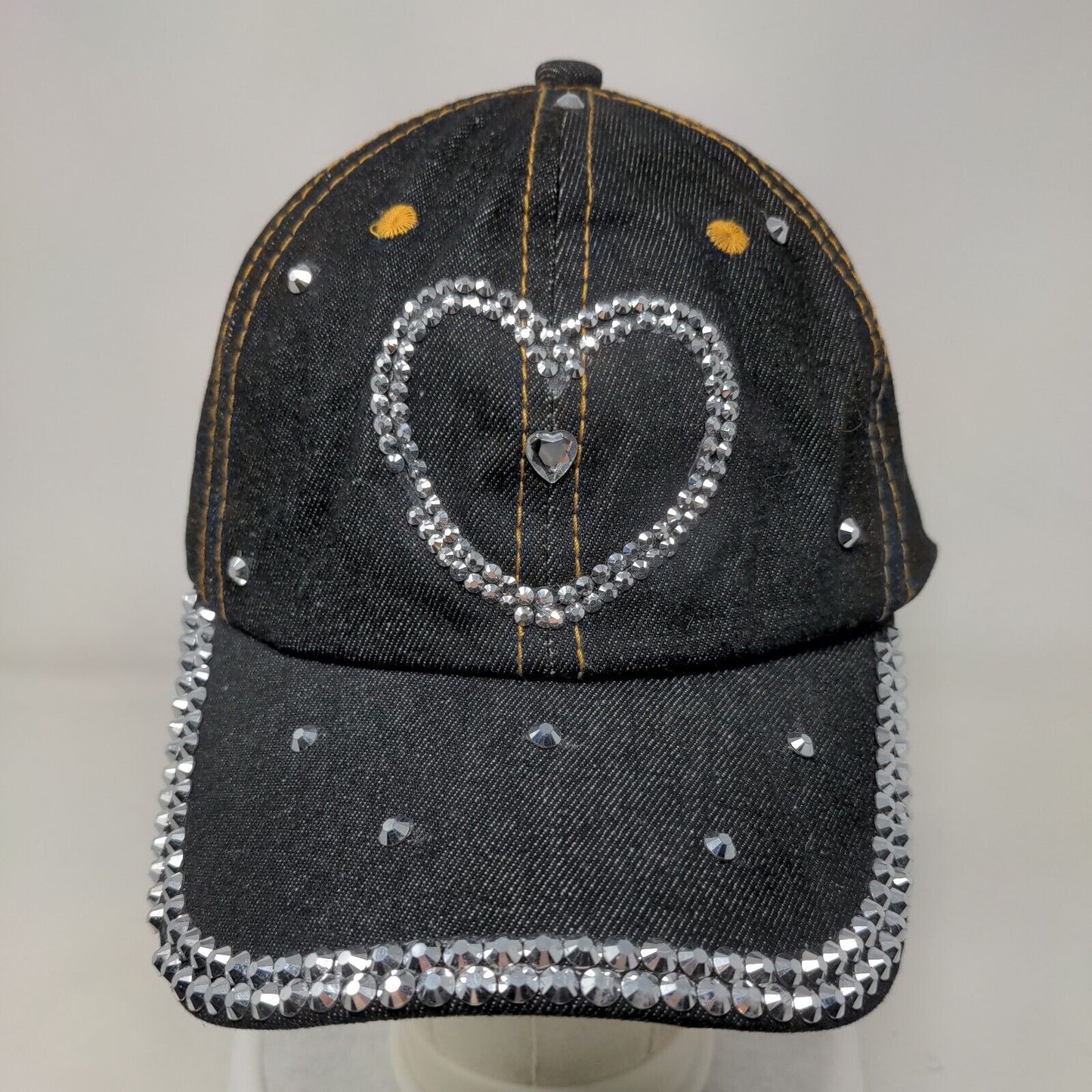 Heart Bling Slideback Hat Black One Size Leather Strap 6 Panel Studded
