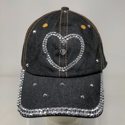 Heart Bling Slideback Hat Black One Size Leather Strap 6 Panel Studded