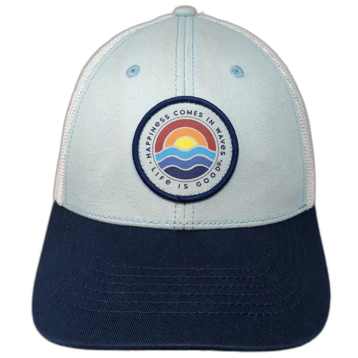 Life is Good Trucker Hat Blue One Size Happiness Comes In Waves Mesh Snapback