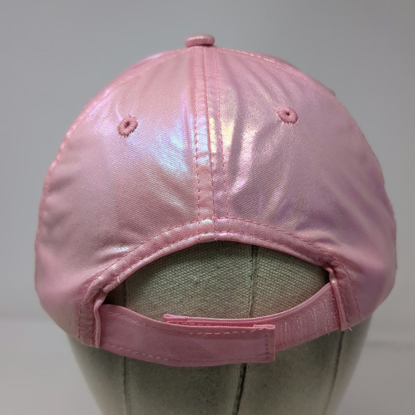 Barbie Girls Pink OS Hat Iridescent Script Logo Mattel Strapback Distressed
