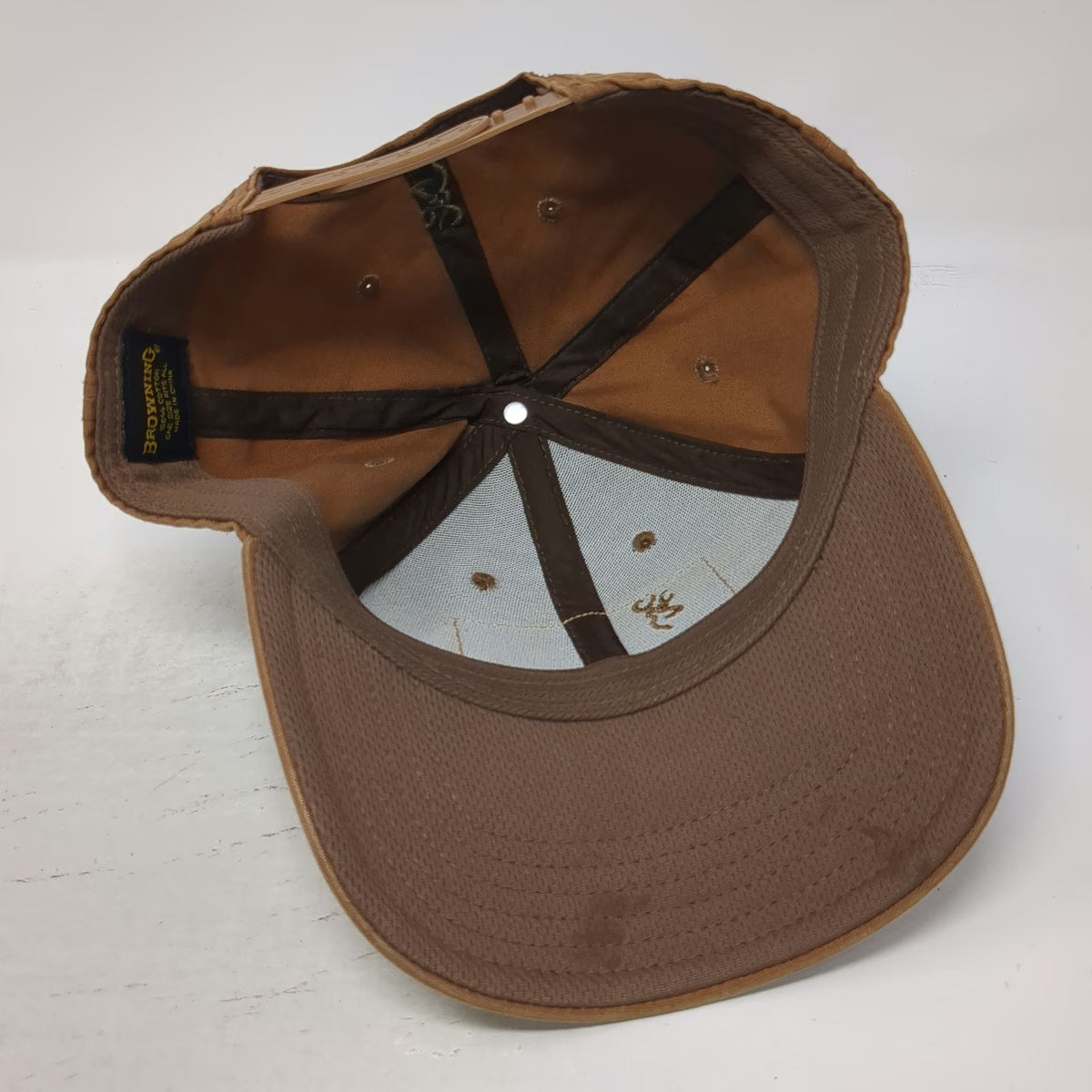 Browning Snapback Hat Brown One Size Leather Look Flag Patch Buckmark Logo