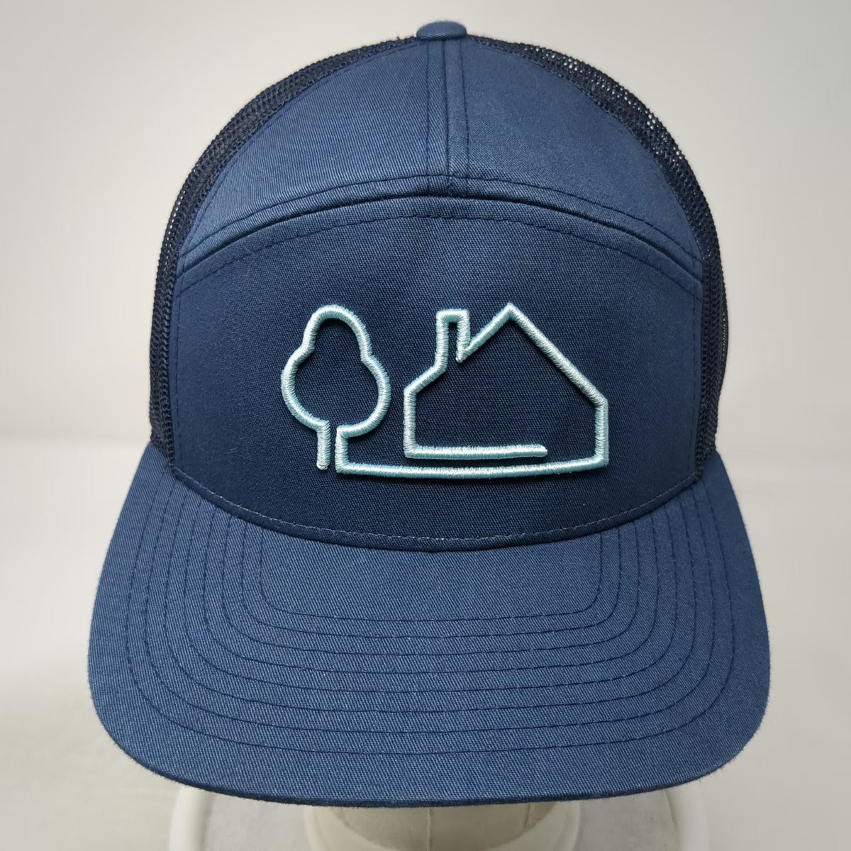 Trucker Hat Blue One Size Mesh Snapback House Tree Graphic Flat Bill 7 Panel