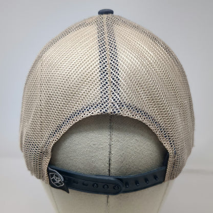 Ariat Trucker Hat Blue One Size Mesh Snapback Shield Logo Beige Stitching