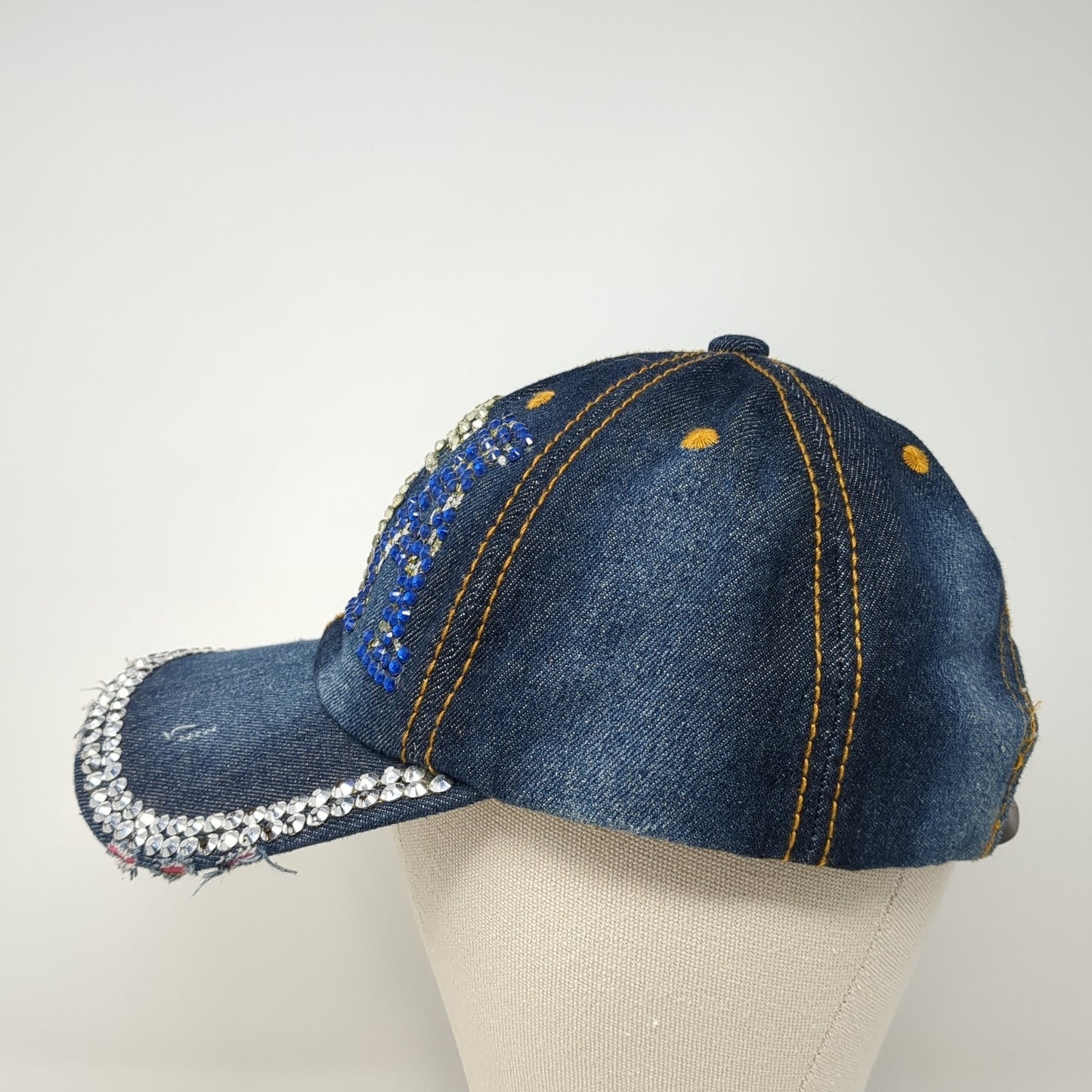 USA Slideback Baseball Cap Blue One Size Adjustable Rhinestone Distressed Denim