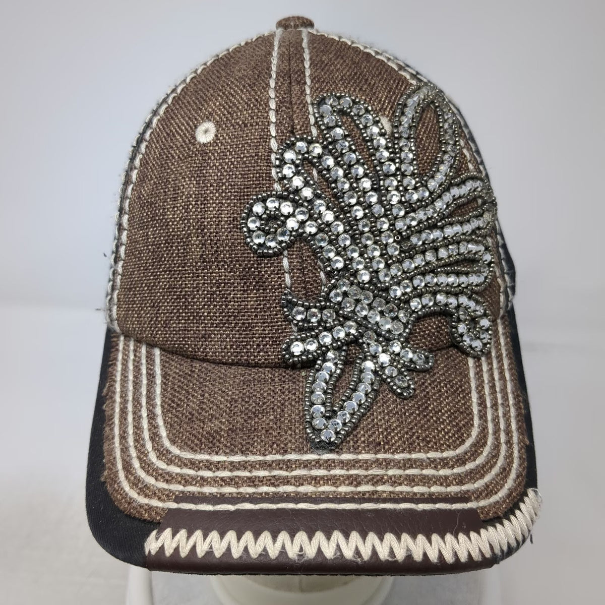 Olive & Pique Baseball Cap Hat Brown Black White OSFM Fleur De Lis Rhinestones