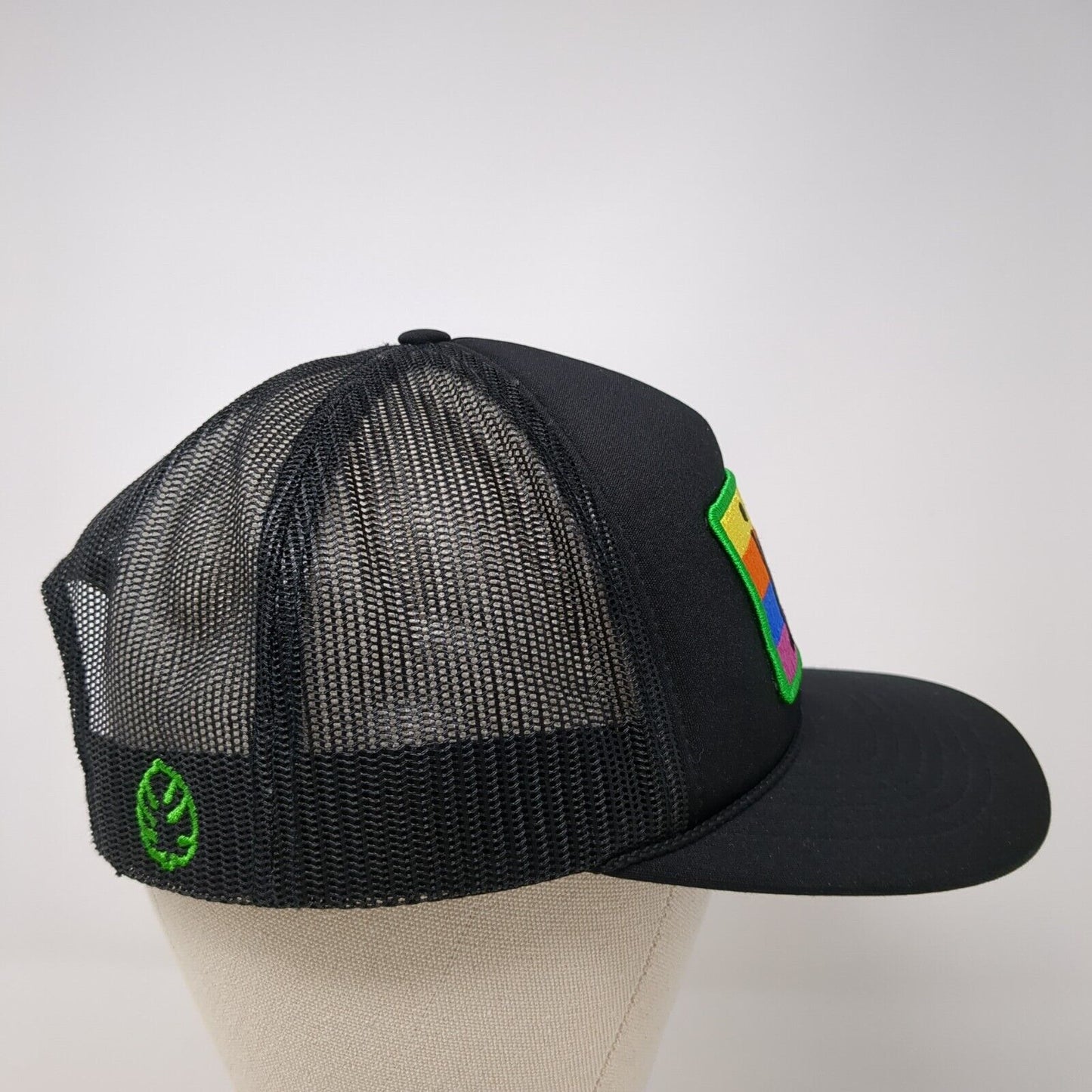 Joy Striped Patch Snapback Trucker Hat Black One Size Solid Mesh Back