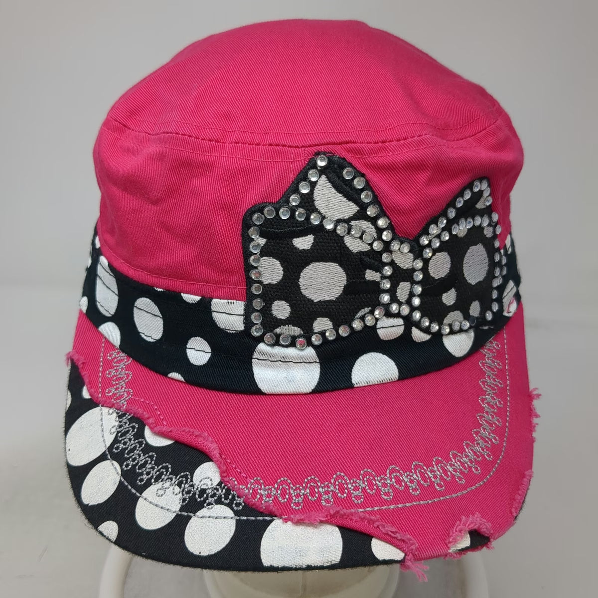Kbethos Army Cap Pink OSFM Rhinestone Bow Polka Dot Distressed Cadet Hat Bling