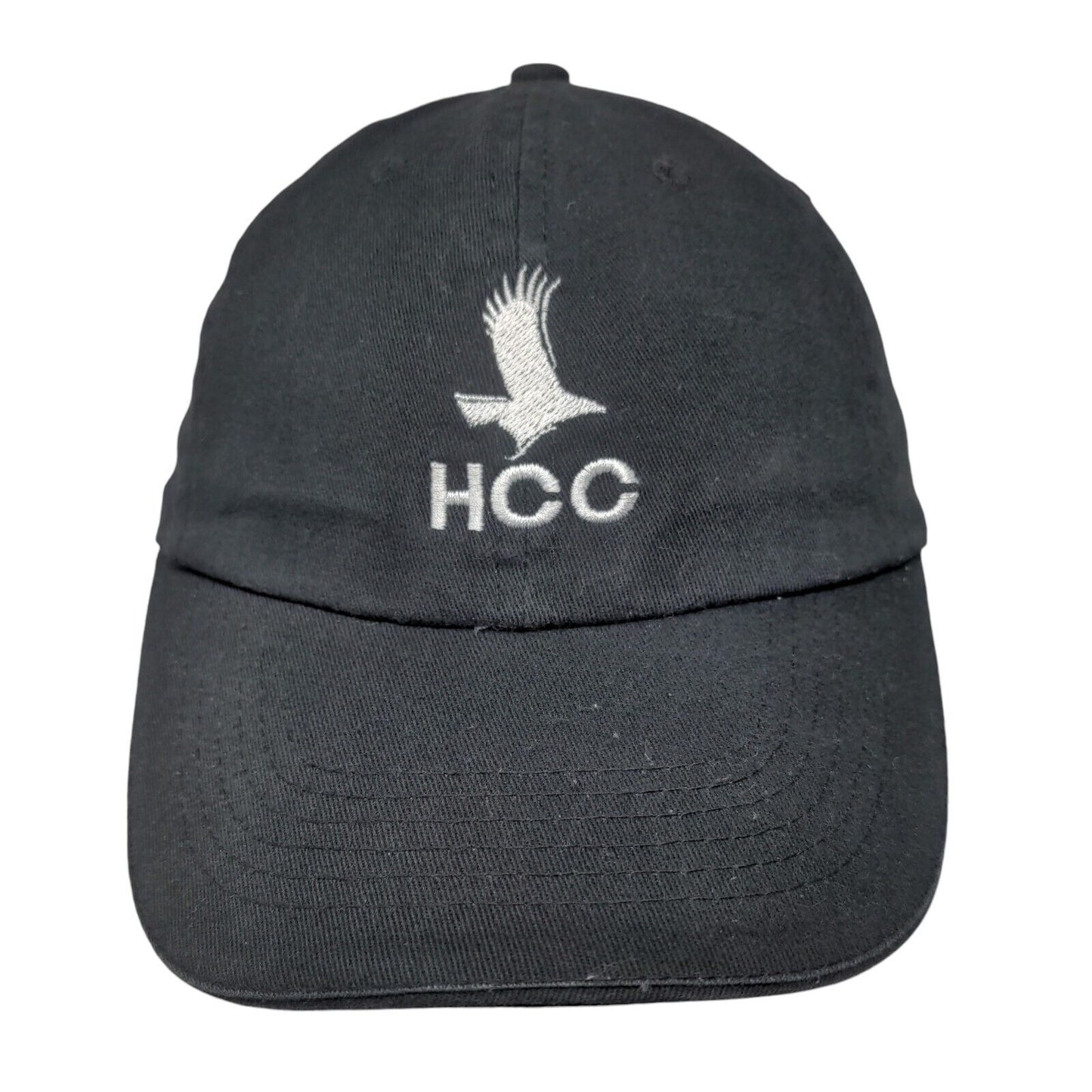 HCC Strapback Hat Black One Size Adjustable Embroidered Vented Holes 6 Panel