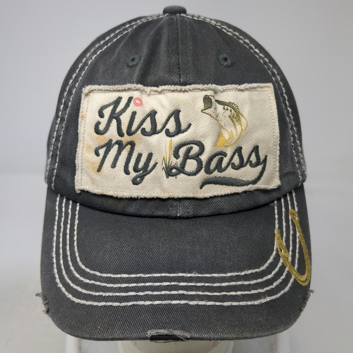 Cheeky's Kiss My Bass Baseball Cap Gray One Size Fish Hook Frayed Patch Hat