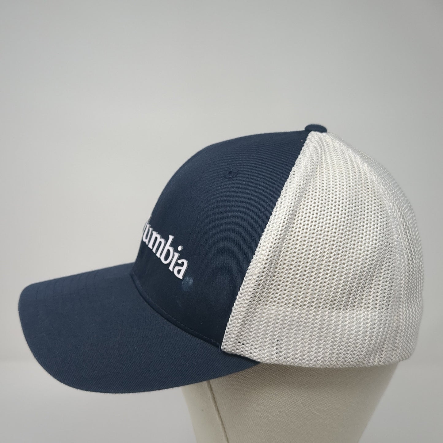 Columbia Logo Fitted Mesh Back Trucker Hat Blue One Size Flexfit Outdoor