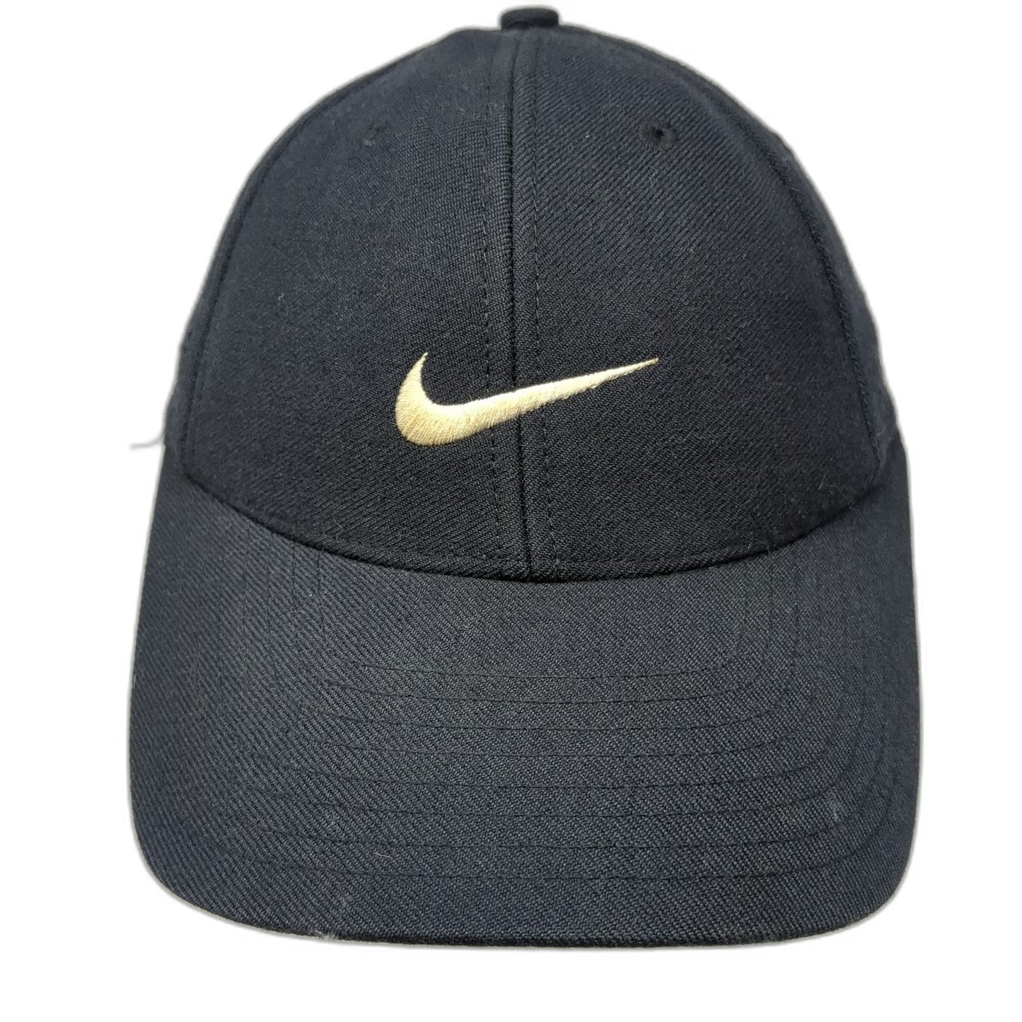 Nike Baseball Cap Black 7 1/4 Fitted 100% Wool Yellow Swoosh Logo Athletic Hat