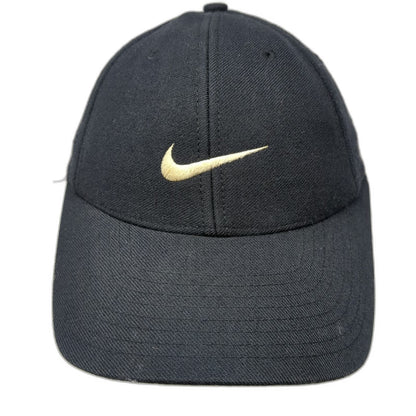 Nike Baseball Cap Black 7 1/4 Fitted 100% Wool Yellow Swoosh Logo Athletic Hat
