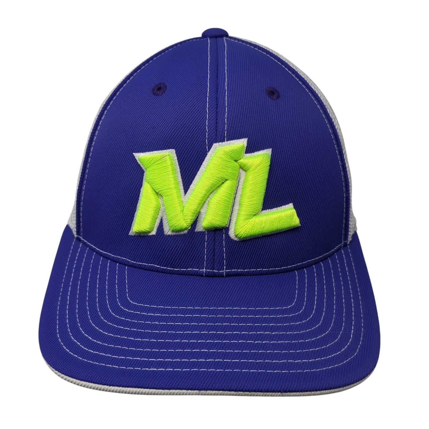 ML Fitted Trucker Hat Blue 7 3/8 Embroidered Mesh Back 404M Pacific Headwear
