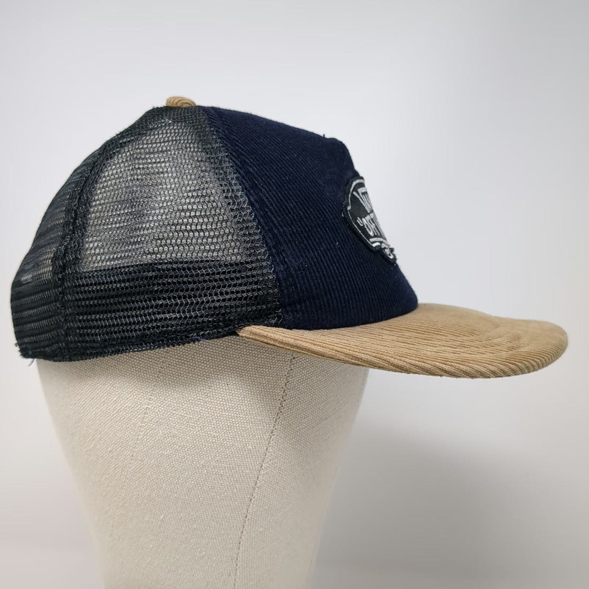 Vans Trucker Hat One Size Blue Beige Corduroy Snapback Mesh Back Skateboard Logo