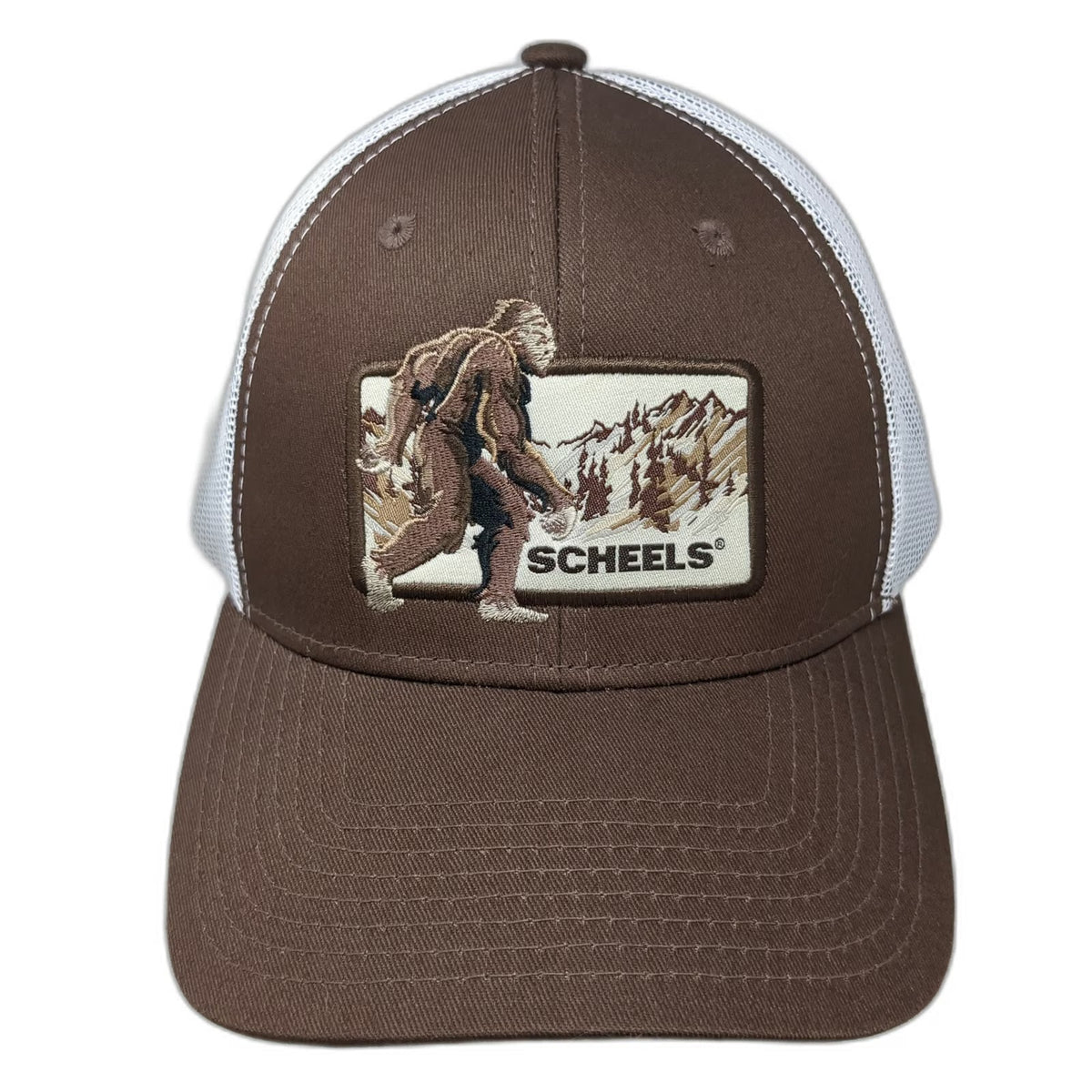Scheels Trucker Hat Brown One Size Bigfoot Sasquatch Patch Mesh Snapback Outdoor