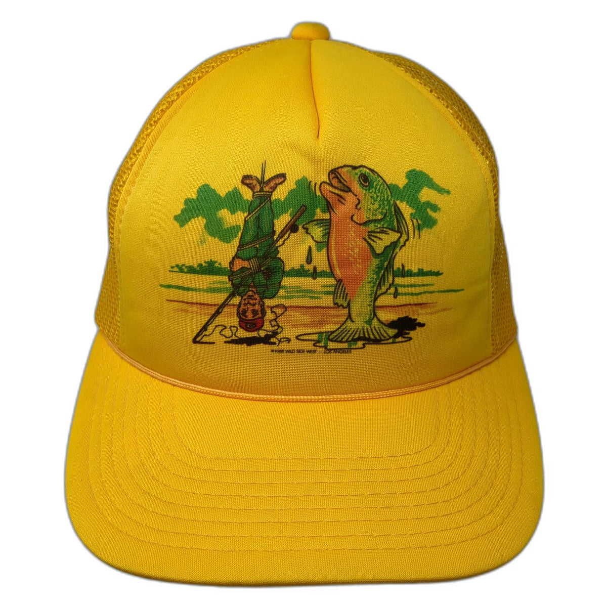 Designer Award Trucker Hat Yellow M Fishing Bass Humorous 1988 Graphic Vintage