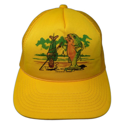 Designer Award Trucker Hat Yellow M Fishing Bass Humorous 1988 Graphic Vintage