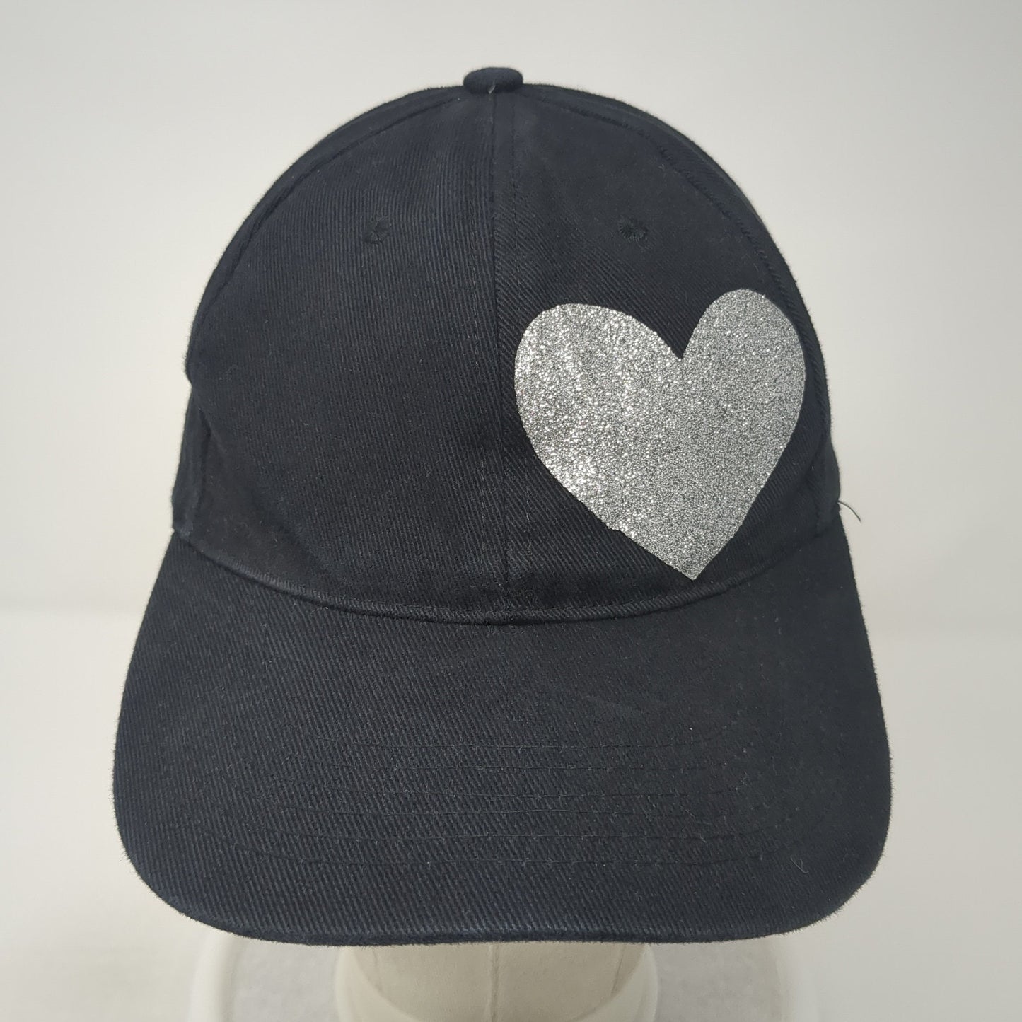 Silver Heart Strapback Hat Black One Size Adjustable Solid 6 Panel