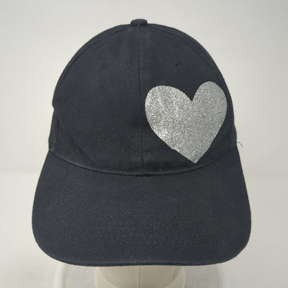 Silver Heart Strapback Hat Black One Size Adjustable Solid 6 Panel