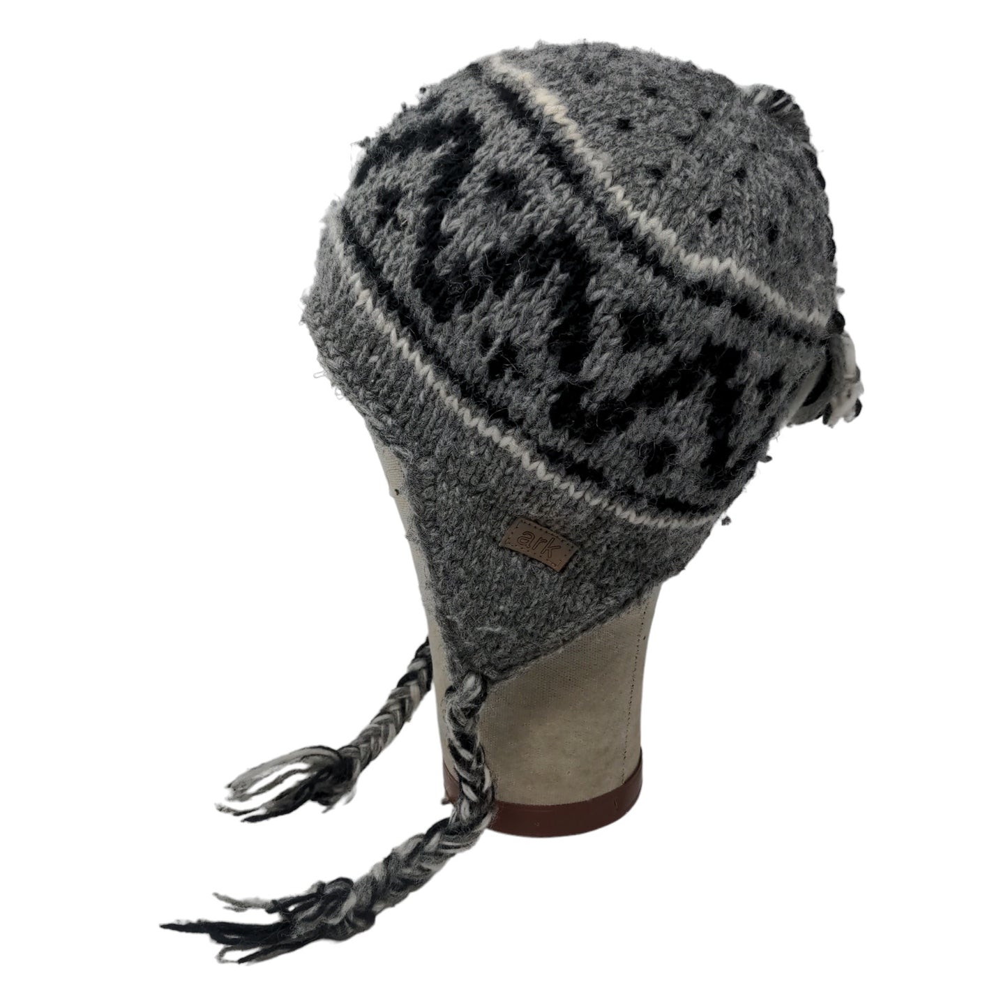 ARK Men's Knit Beanie Trapper Hat Gray Fair Isle 100% Wool Fleece Lined Nepal