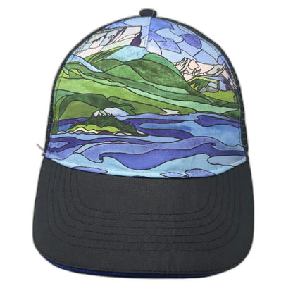 Headsweats Trucker Hat Black One Size Glacier National Park Stained Glass Mesh