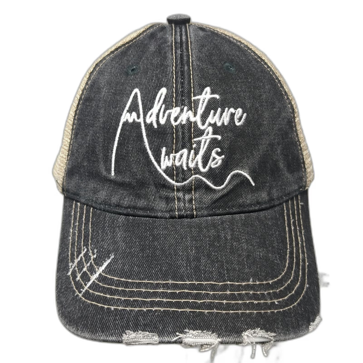 Katydid Baseball Cap Black One Size Adventure Waits Mountain Mesh Distressed Hat