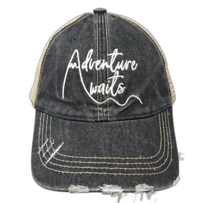 Katydid Baseball Cap Black One Size Adventure Waits Mountain Mesh Distressed Hat