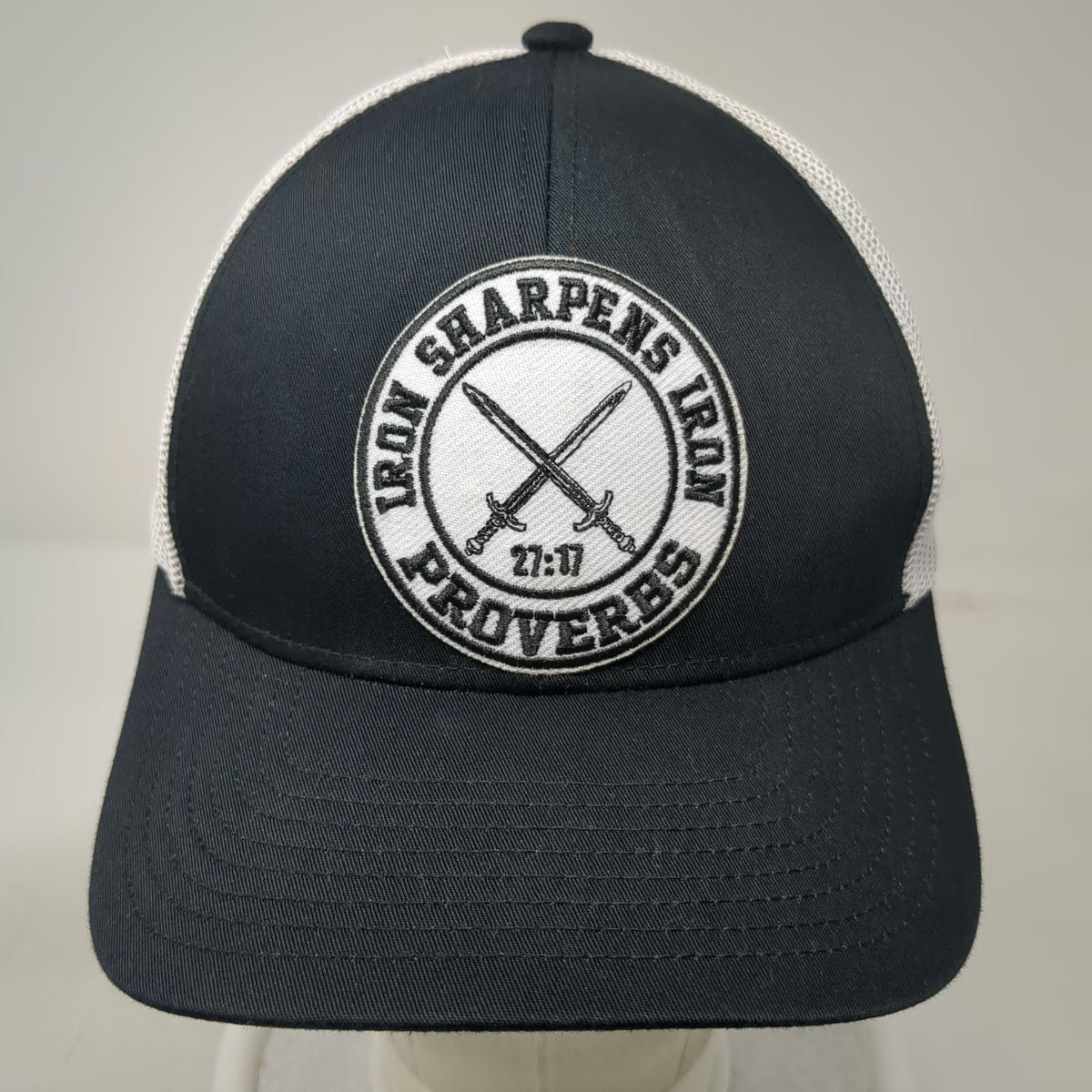 Pacific Headwear Trucker Hat Black White One Size Proverbs 27:17 Crossed Swords