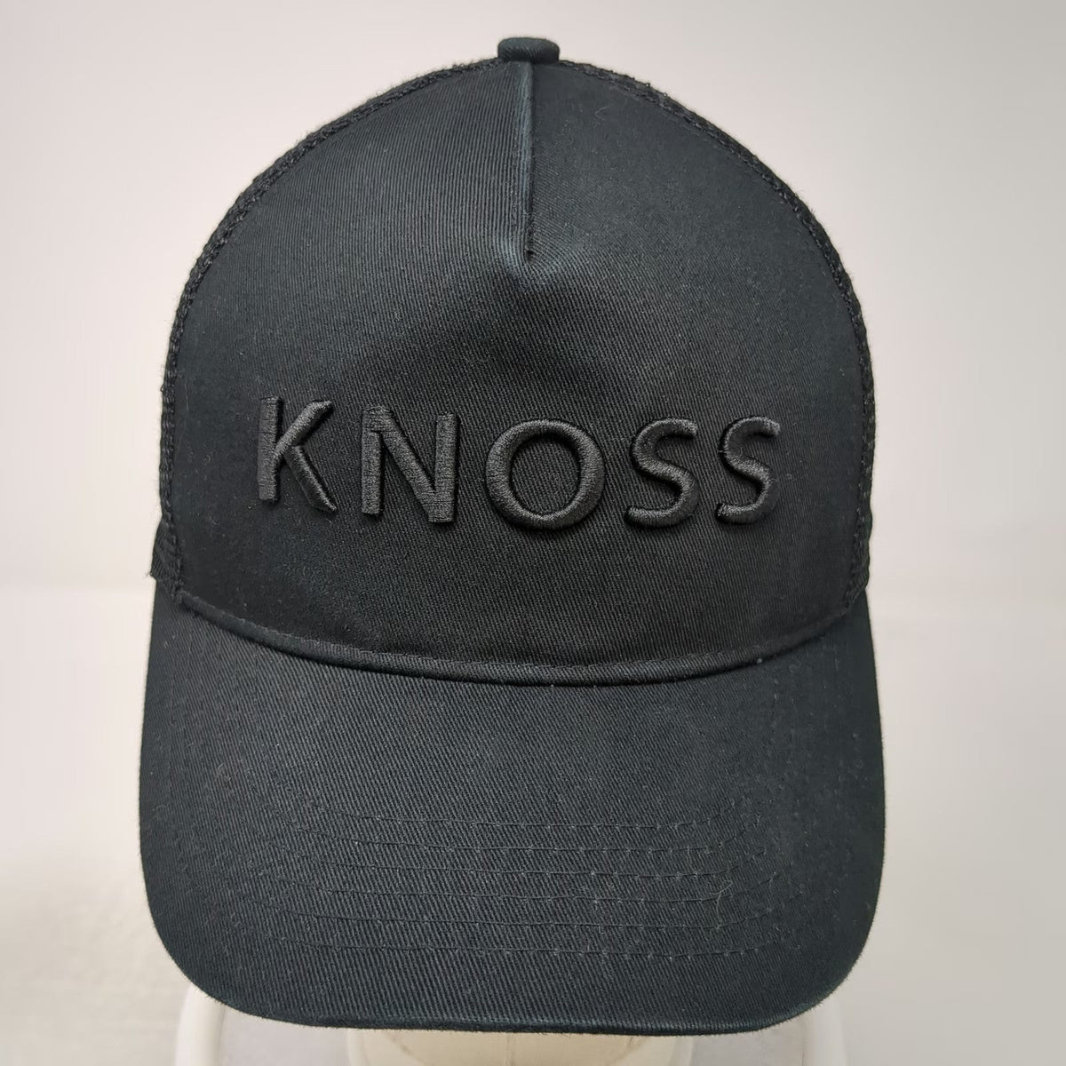 Knoss Performance Trucker Hat Black One Size Snapback 3D Puff Embroidery Mesh