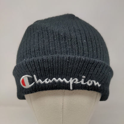 Champion Beanie Hat Black OSFA Stretch Knitted Embroidered Logo Cuffed