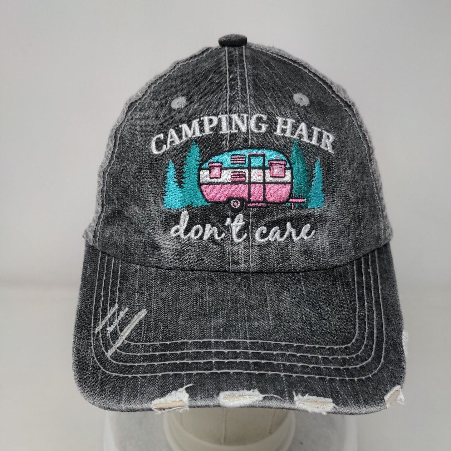 Camping Hair Don't Care Strapback Trucker Hat Gray One Size Katydid