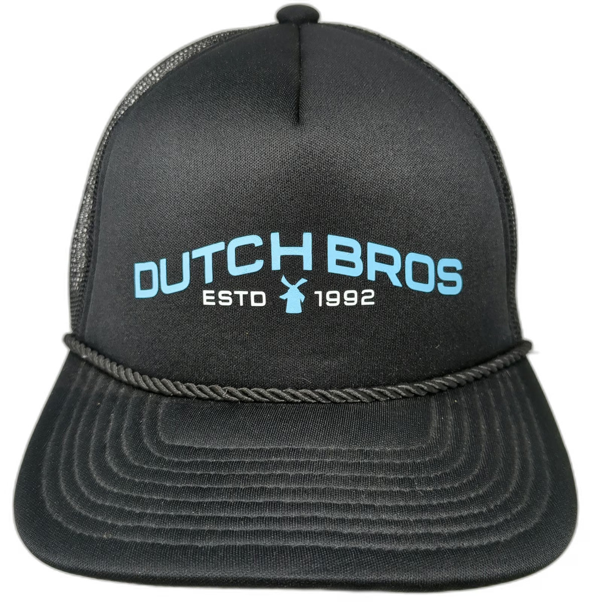 Dutch Bros 5 Panel Black One Size Mesh Back Rope Hat Windmill Logo Slideback