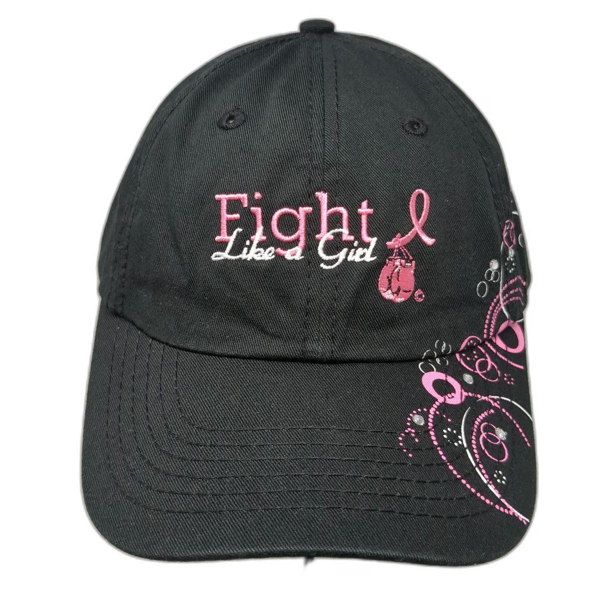 Fight Like a Girl Baseball Cap Black One Size Pink Ribbon Studded Slideback Hat