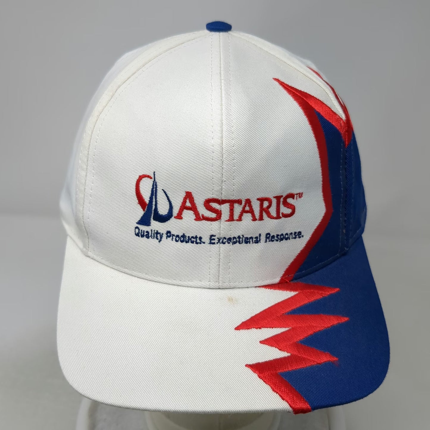 Kati Baseball Cap White Blue Red Astaris Logo Graphic Slideback Hat Sharktooth