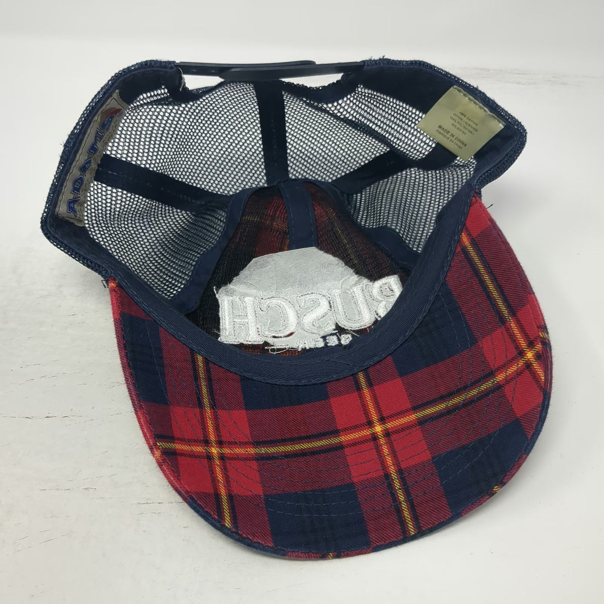 Adams Busch Beer Trucker Hat Blue Red Yellow White One Size Plaid Mesh Snapback