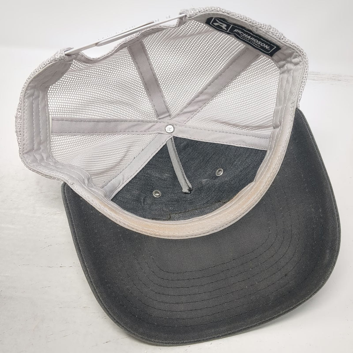Richardson Trucker Hat Gray White One Size Idaho Steel 1918 Leather Patch Mesh
