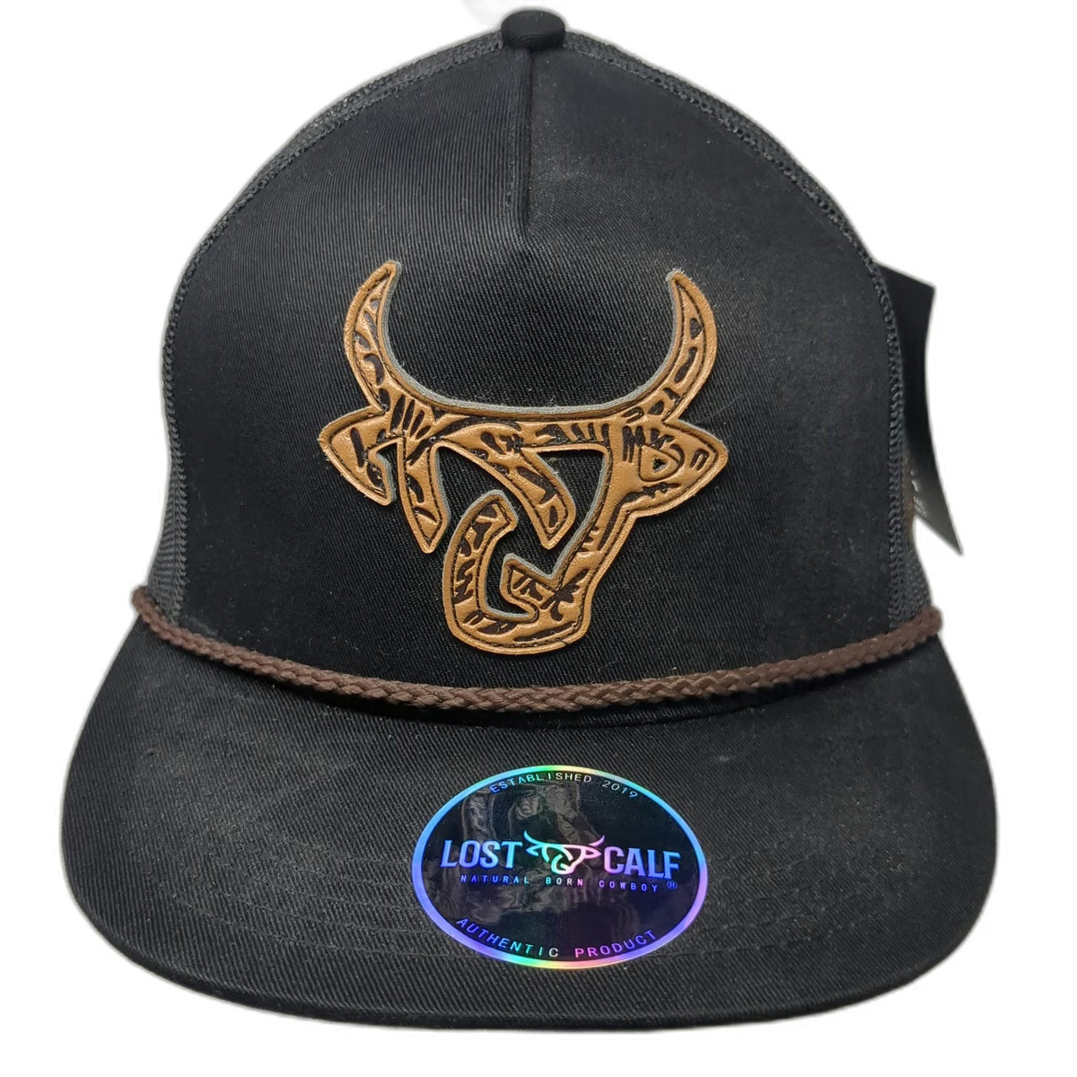 Lost Calf Trucker Hat Black OSFM Bull Patch Mesh Rope Western Buckle W/Tags