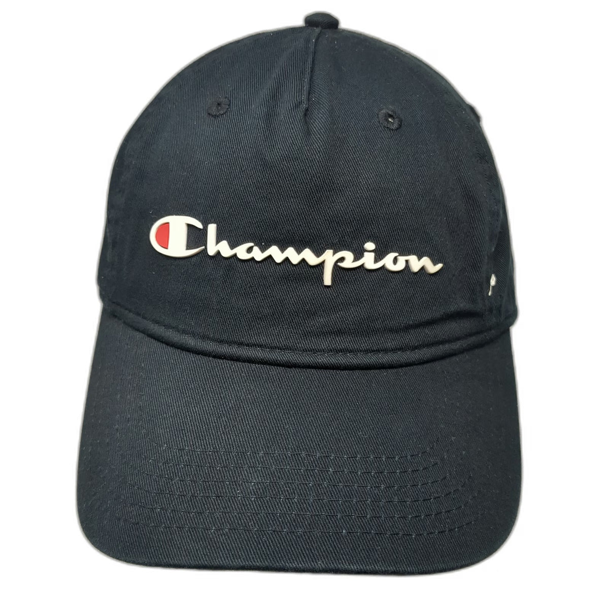 Champion 5 Panel Black Hat One Size Slideback Cotton Script Logo C Logo Adjust