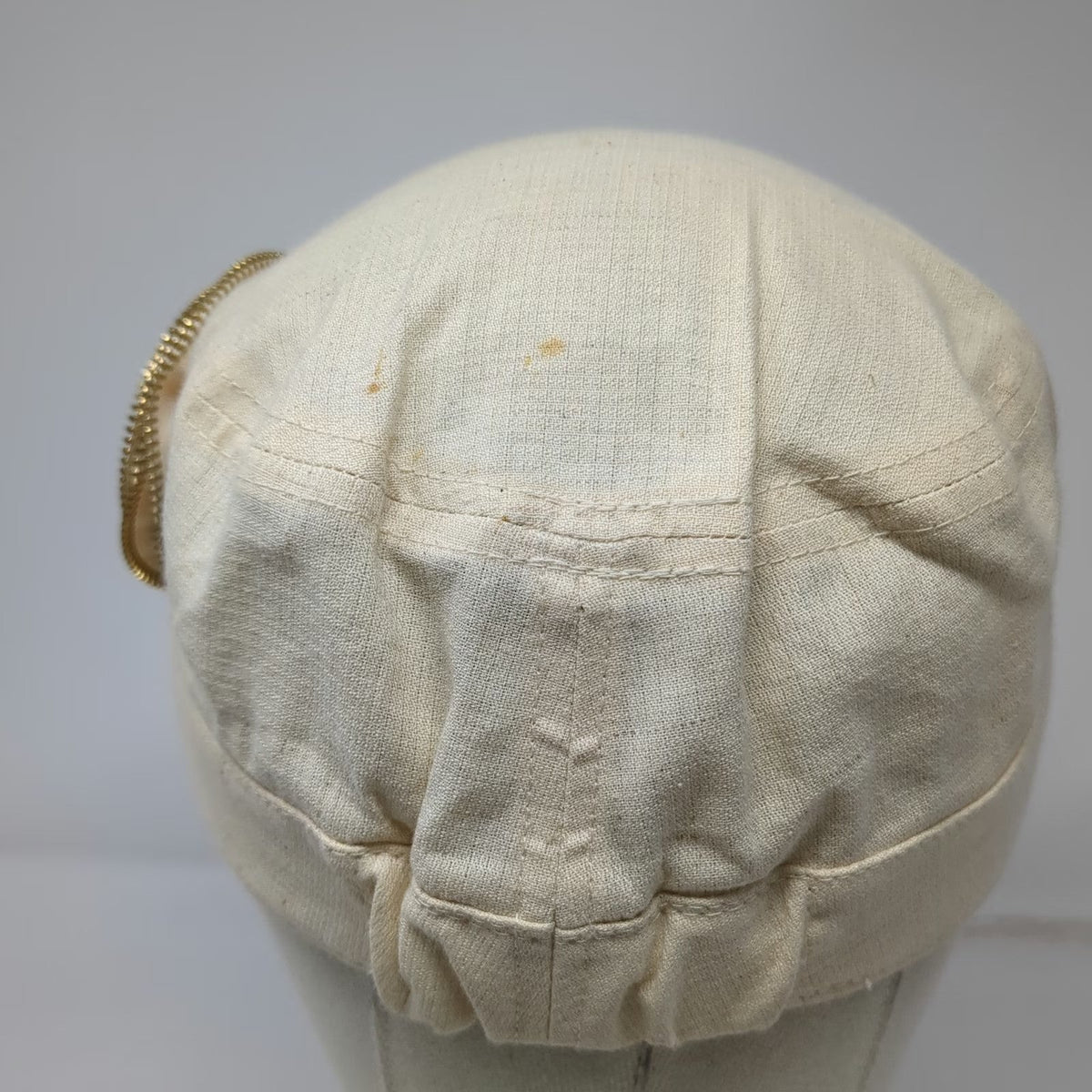 Beige Army Cap One Size Hat Flower Gold Zipper Trim Accent Cadet Elastic Back