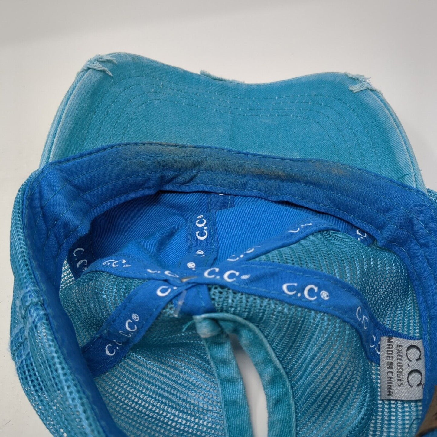 C.C Exclusives Strapback Trucker Hat Blue One Size Ponytail Distressed