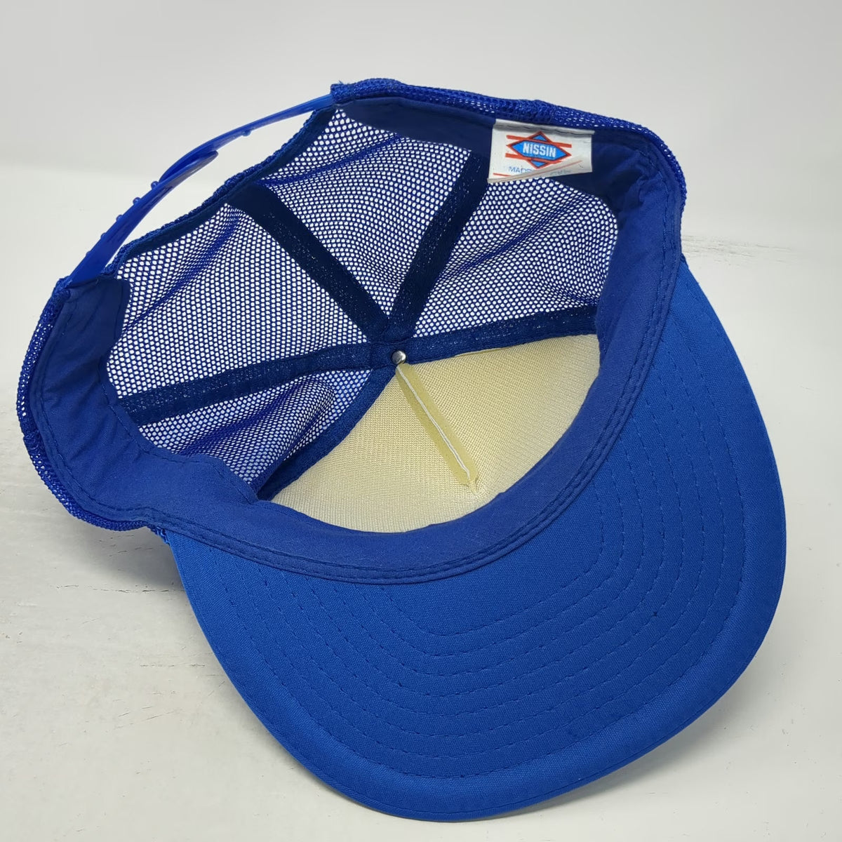 Nissin Trucker Hat Blue White One Size Road Runner Auto Body Mesh Snapback Foam