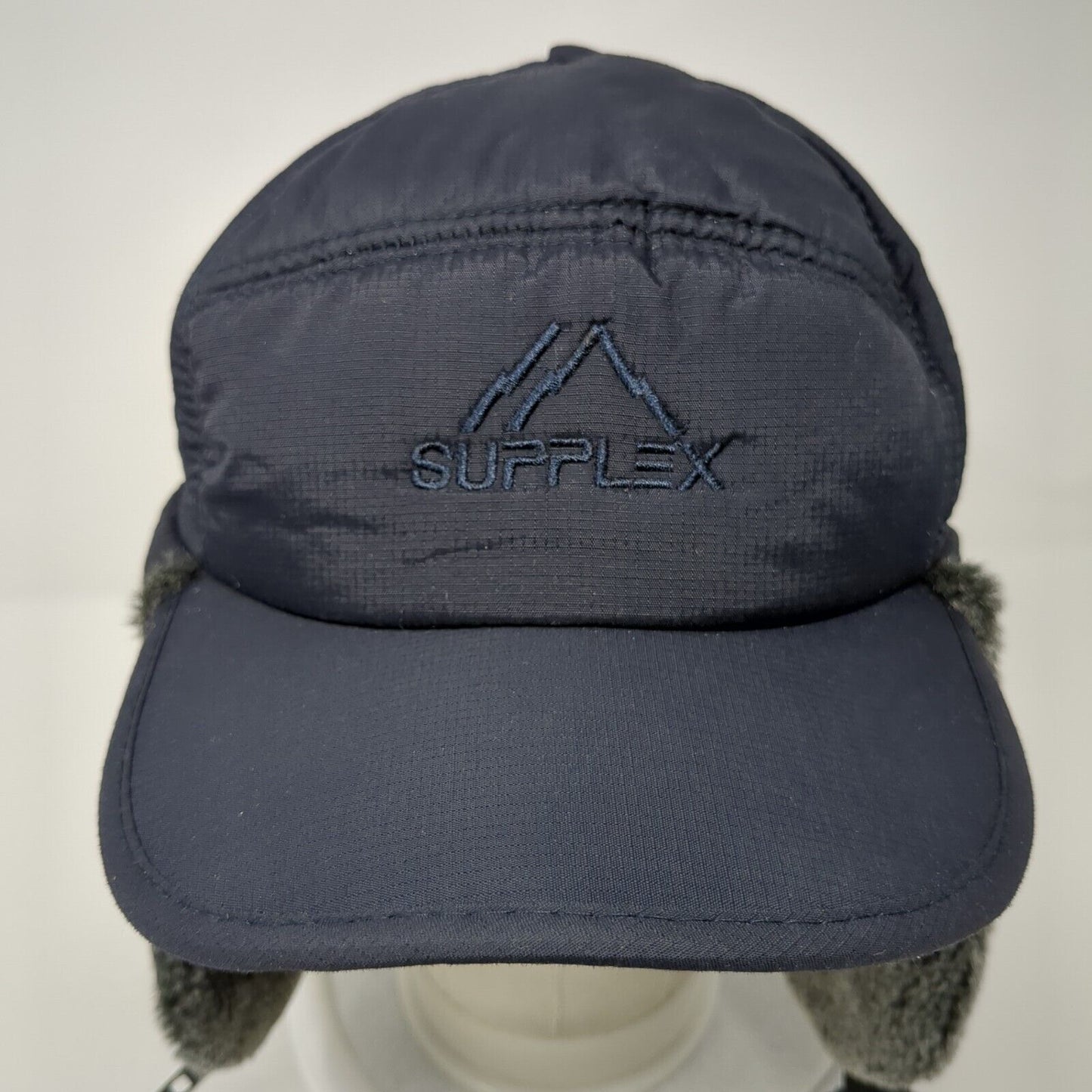 Supplex Fitted Trapper Hat Blue One Size Ear Flap Chin Strap Faux Fur