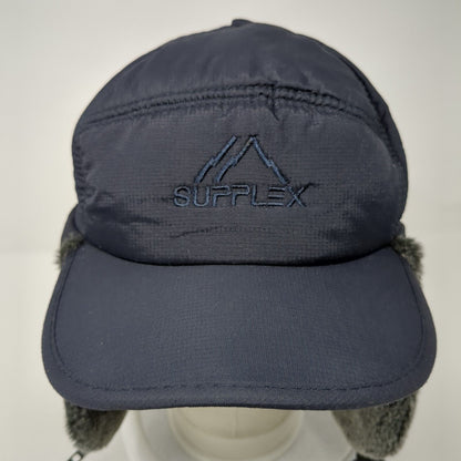 Supplex Fitted Trapper Hat Blue One Size Ear Flap Chin Strap Faux Fur