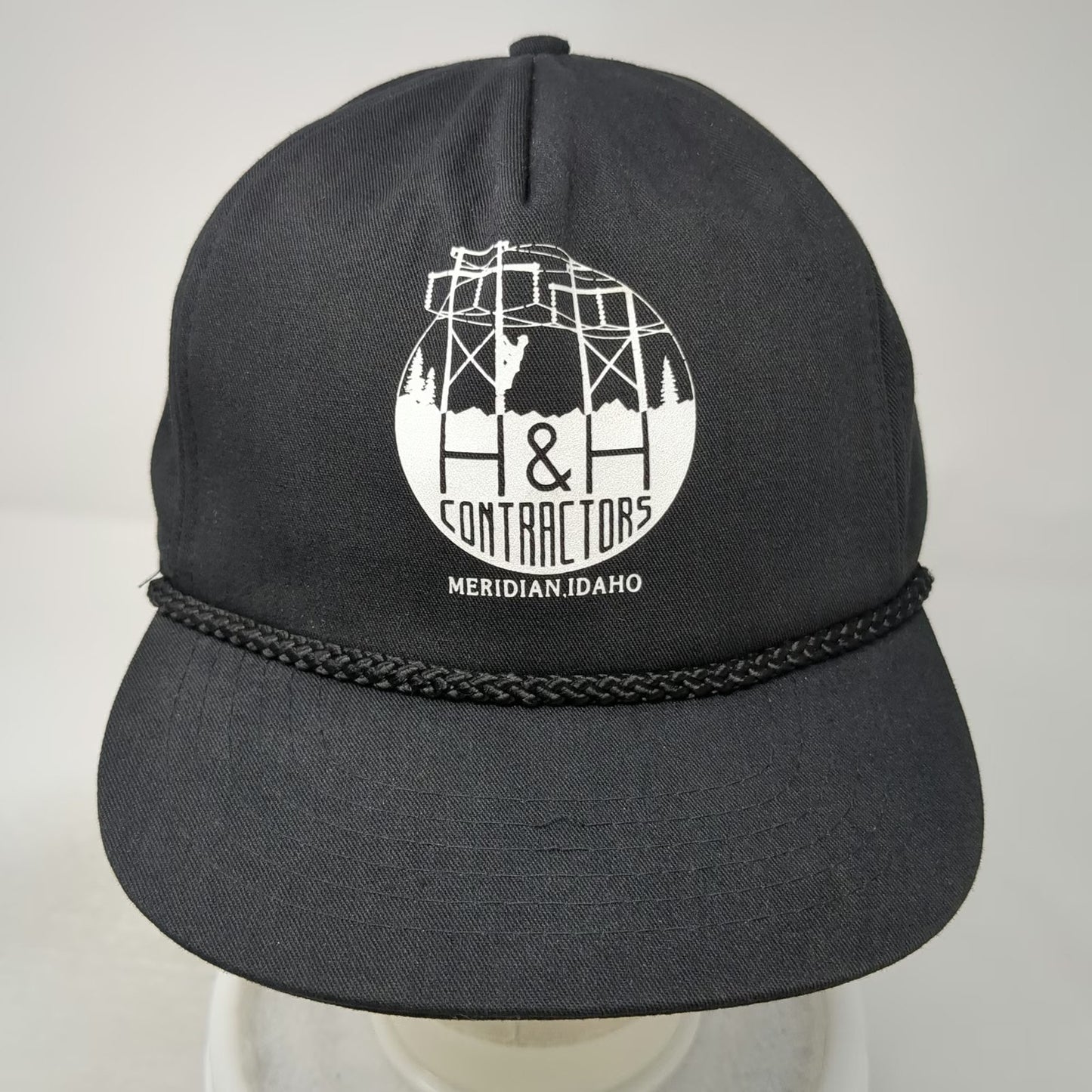 San Sun Trapper Hat Black Ear Flaps Rope H&H Contractors Idaho Vintage