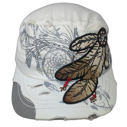 Savana Army Cap White One Size Feather Dreamcatcher Distressed Rhinestone Hat